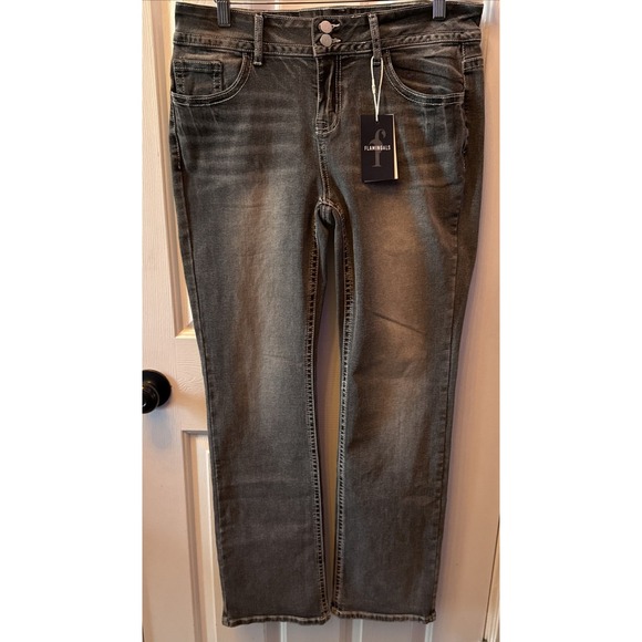 Flamingals Denim - Flamingals Straight Leg Jeans Women 2XL Black NEW Distressed Mid-Rise 30.5 In